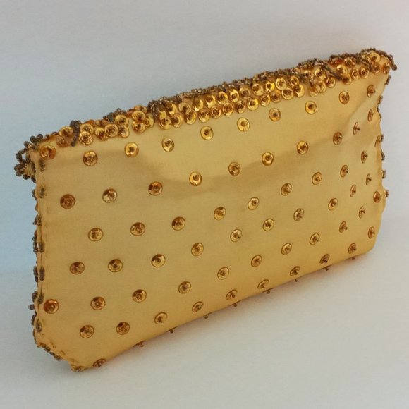 Vintage Yellow Gold Beaded Sequined Evening Accessory Clutch/Handbag/Purse - Picture 9 of 13